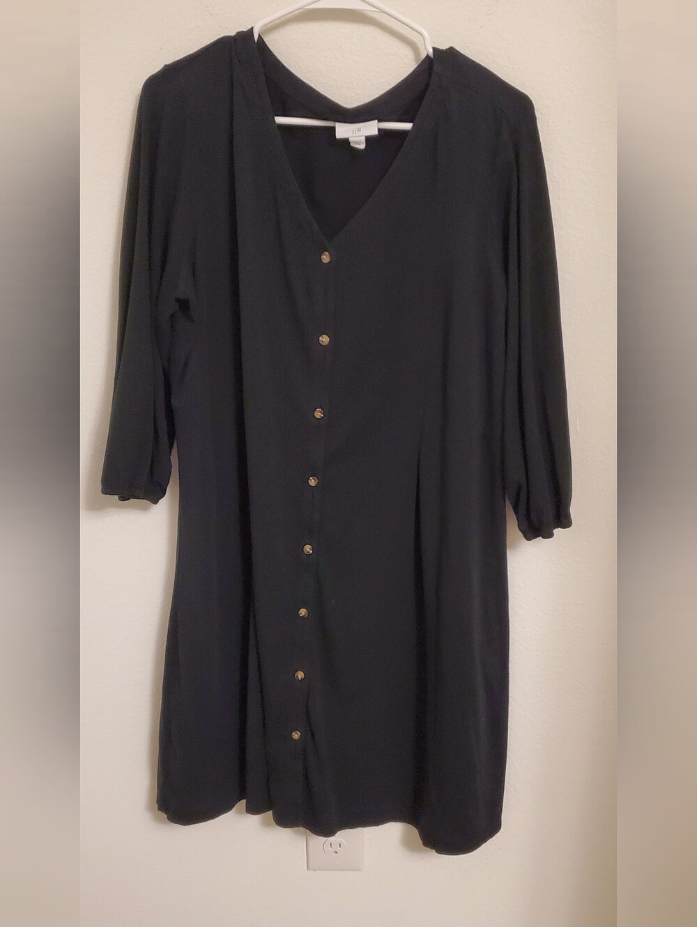 J.Jill Black Button Front V-Neck Dress With 3/4 Sleeves Size XL Petite Lagenlook